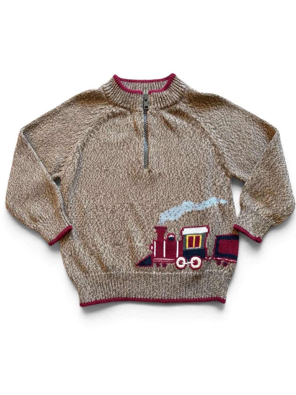Gymboree | Brown Marble Knit Train Sweater with Burgundy Trim | 18-24M